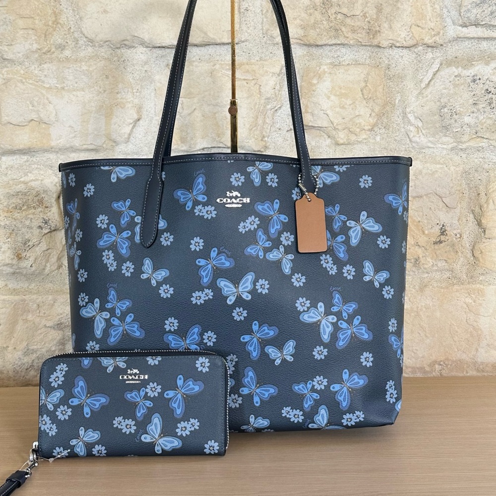 Coach Butterfly City Tote Lovely Print Handbag&wallet Blue black NWT Authentic